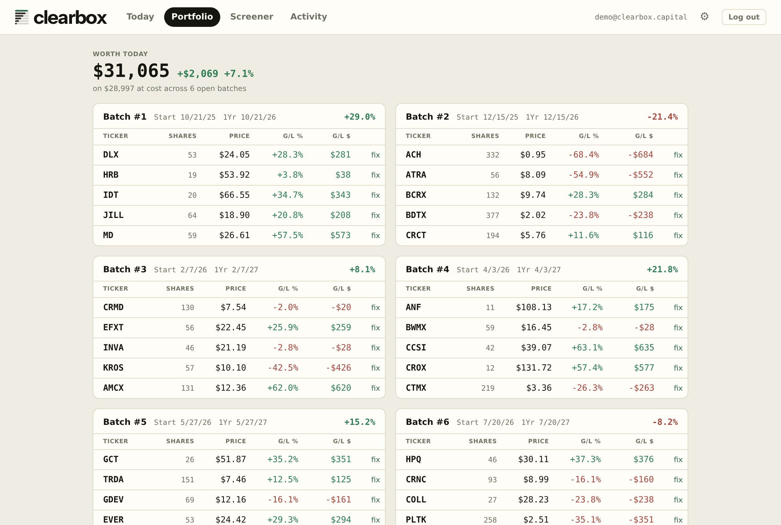 The Portfolio view: batches with per-lot cost basis and current values.