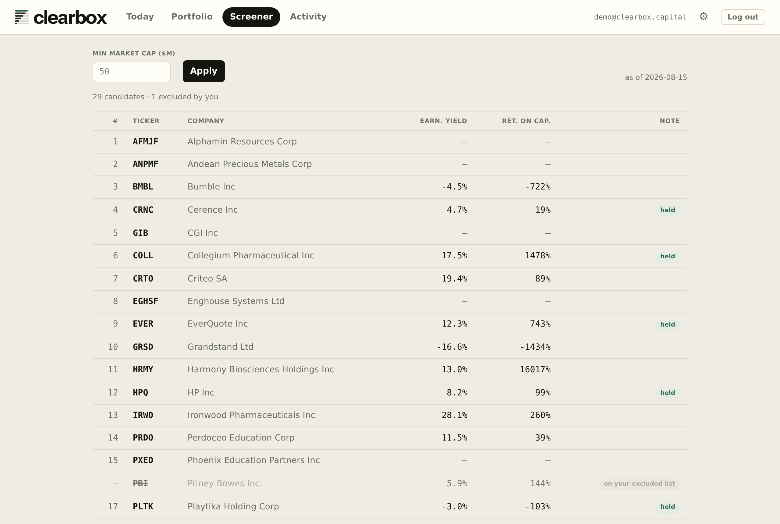 The Screener view: a ranked list with badges explaining exclusions.
